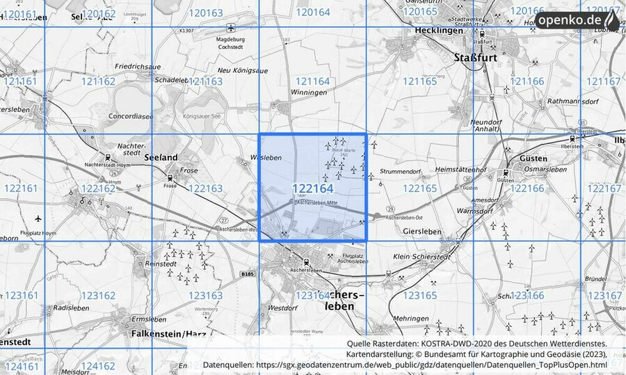 Übersichtskarte des KOSTRA-DWD-2020-Rasterfeldes Nr. 122164