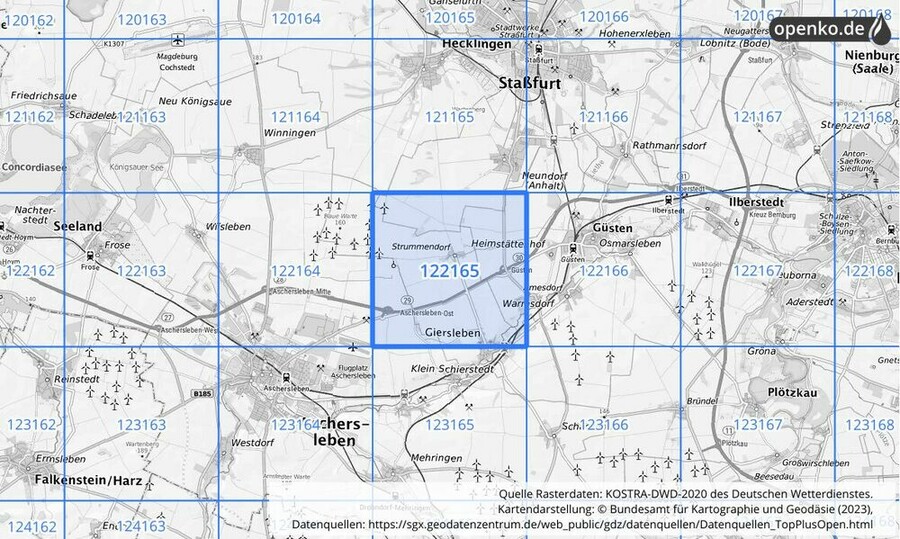 Übersichtskarte des KOSTRA-DWD-2020-Rasterfeldes Nr. 122165