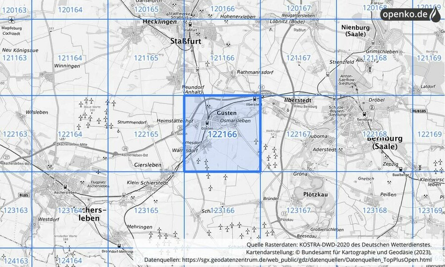 Übersichtskarte des KOSTRA-DWD-2020-Rasterfeldes Nr. 122166