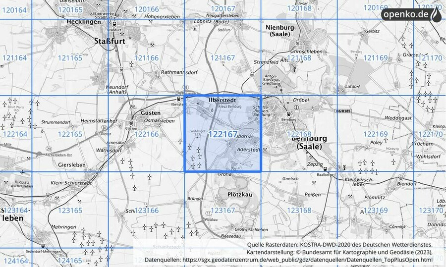 Übersichtskarte des KOSTRA-DWD-2020-Rasterfeldes Nr. 122167