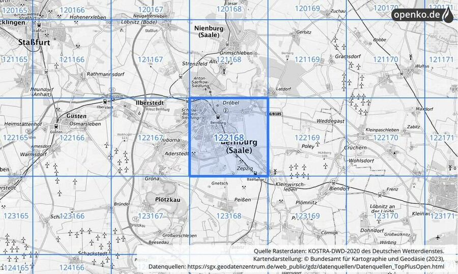 Übersichtskarte des KOSTRA-DWD-2020-Rasterfeldes Nr. 122168