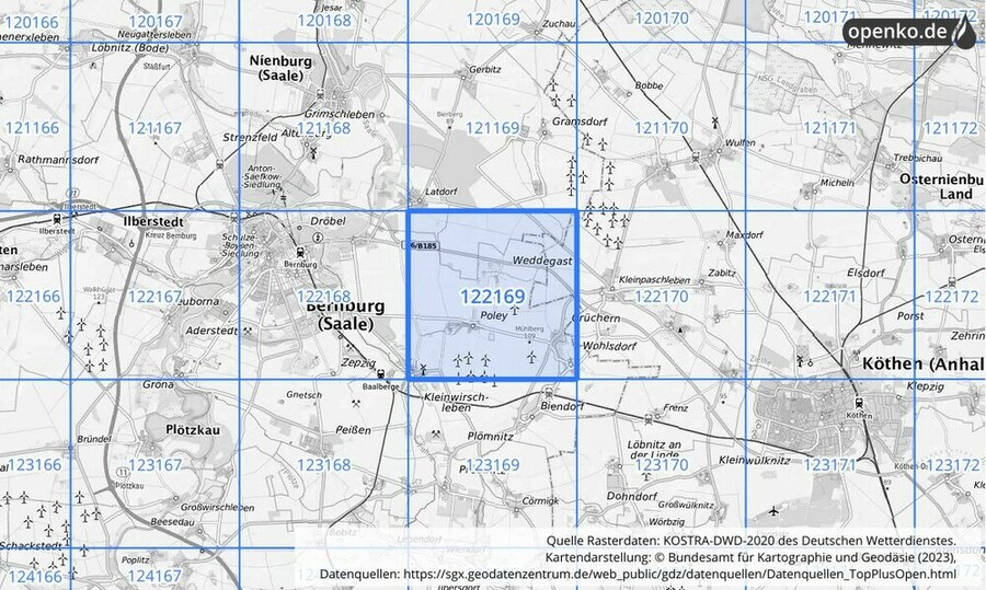 Übersichtskarte des KOSTRA-DWD-2020-Rasterfeldes Nr. 122169