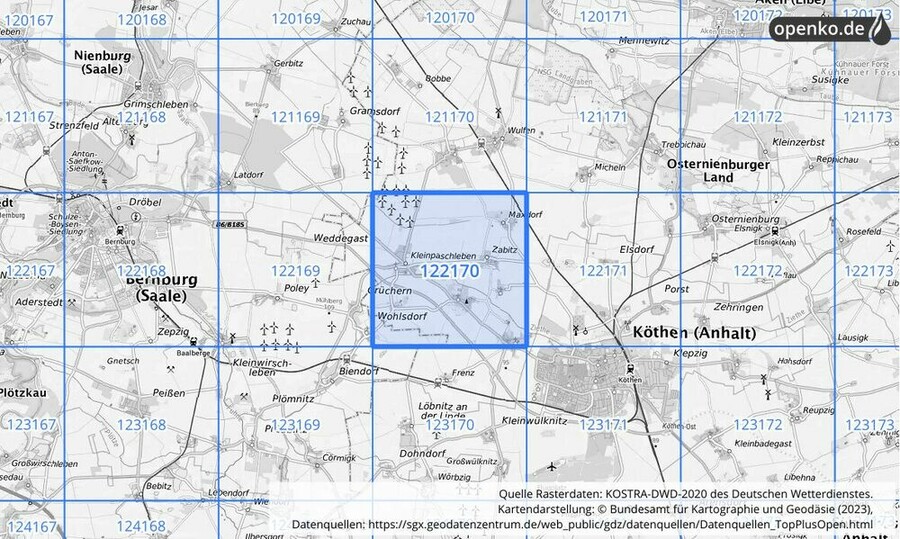 Übersichtskarte des KOSTRA-DWD-2020-Rasterfeldes Nr. 122170