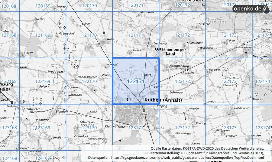 Übersichtskarte des KOSTRA-DWD-2020-Rasterfeldes Nr. 122171