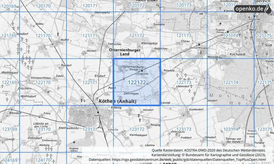 Übersichtskarte des KOSTRA-DWD-2020-Rasterfeldes Nr. 122172