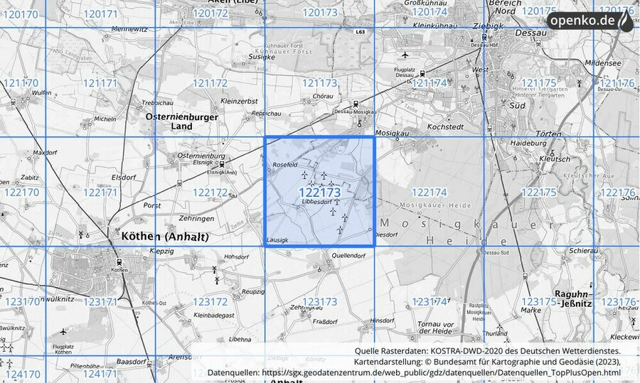 Übersichtskarte des KOSTRA-DWD-2020-Rasterfeldes Nr. 122173