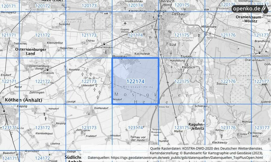 Übersichtskarte des KOSTRA-DWD-2020-Rasterfeldes Nr. 122174