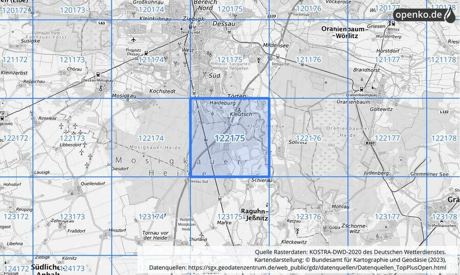 Übersichtskarte des KOSTRA-DWD-2020-Rasterfeldes Nr. 122175