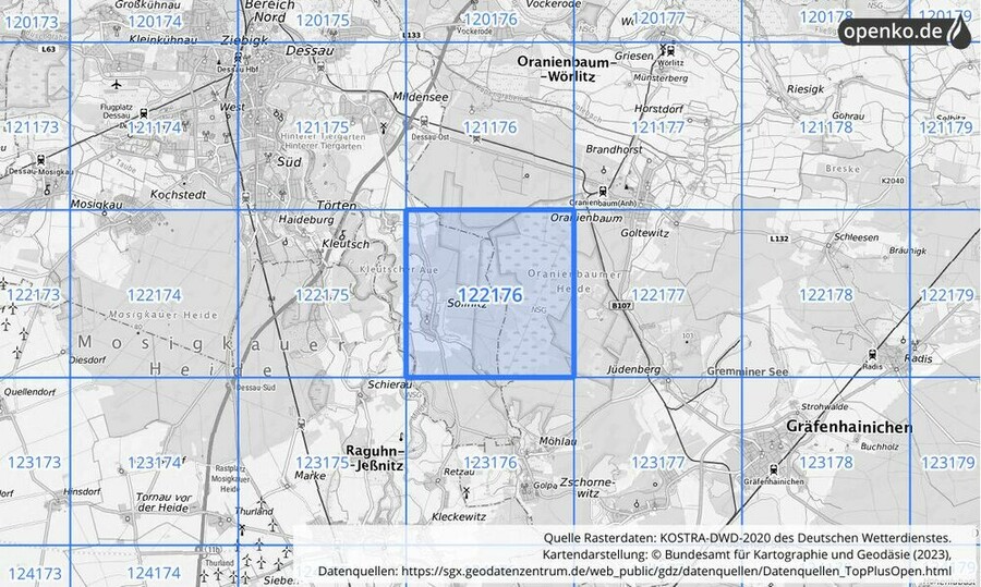 Übersichtskarte des KOSTRA-DWD-2020-Rasterfeldes Nr. 122176