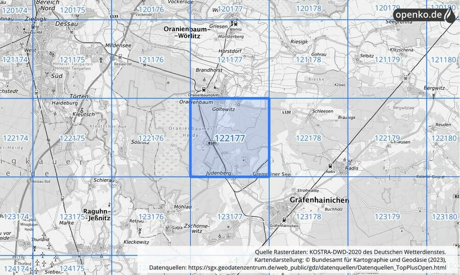 Übersichtskarte des KOSTRA-DWD-2020-Rasterfeldes Nr. 122177