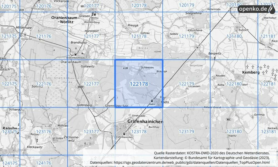 Übersichtskarte des KOSTRA-DWD-2020-Rasterfeldes Nr. 122178