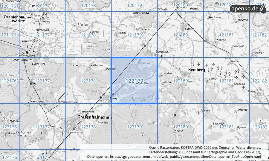 Übersichtskarte des KOSTRA-DWD-2020-Rasterfeldes Nr. 122179