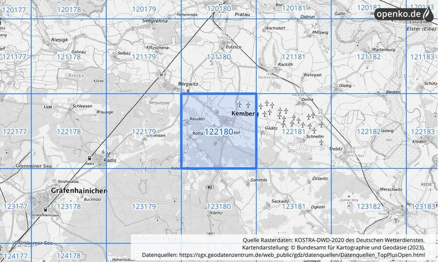 Übersichtskarte des KOSTRA-DWD-2020-Rasterfeldes Nr. 122180