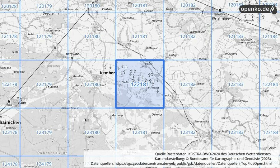 Übersichtskarte des KOSTRA-DWD-2020-Rasterfeldes Nr. 122181