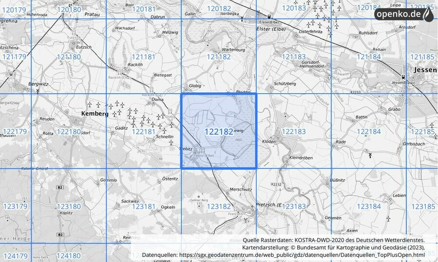 Übersichtskarte des KOSTRA-DWD-2020-Rasterfeldes Nr. 122182