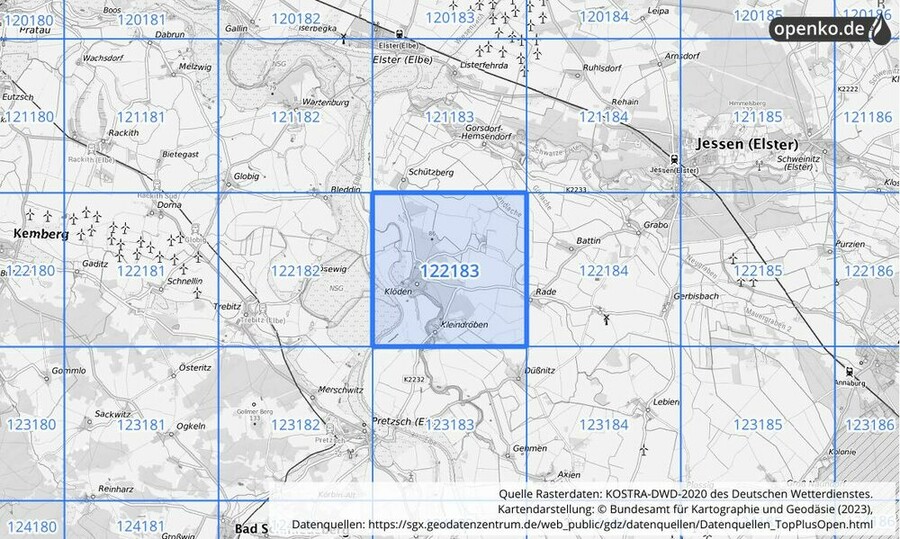 Übersichtskarte des KOSTRA-DWD-2020-Rasterfeldes Nr. 122183