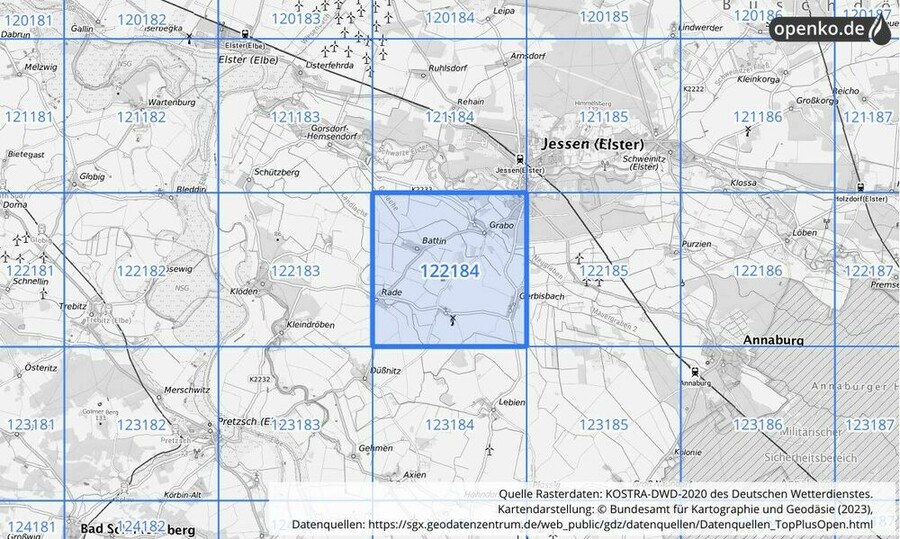 Übersichtskarte des KOSTRA-DWD-2020-Rasterfeldes Nr. 122184