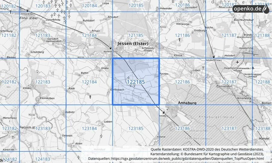 Übersichtskarte des KOSTRA-DWD-2020-Rasterfeldes Nr. 122185