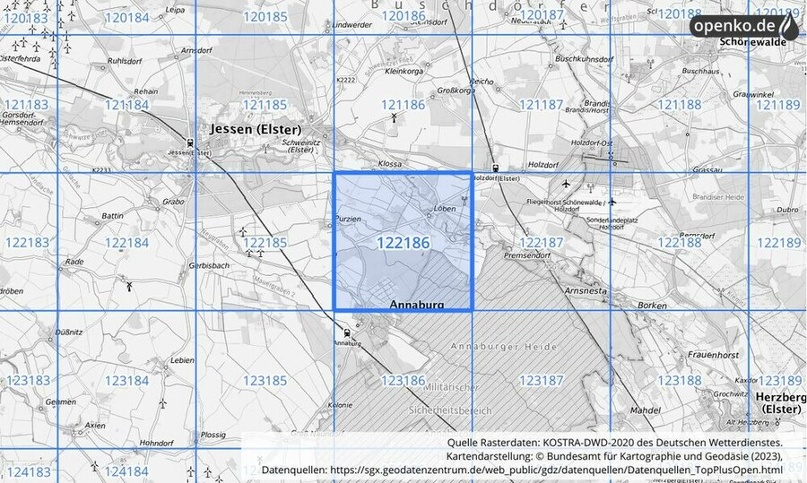 Übersichtskarte des KOSTRA-DWD-2020-Rasterfeldes Nr. 122186