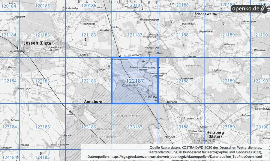 Übersichtskarte des KOSTRA-DWD-2020-Rasterfeldes Nr. 122187