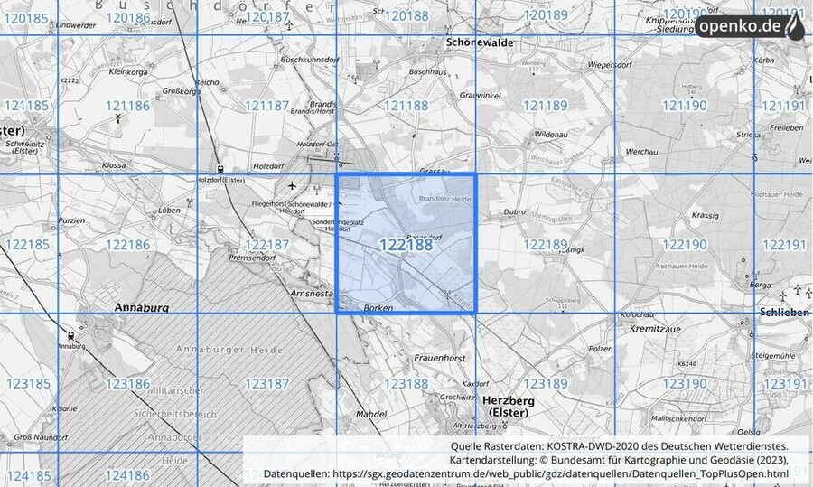 Übersichtskarte des KOSTRA-DWD-2020-Rasterfeldes Nr. 122188