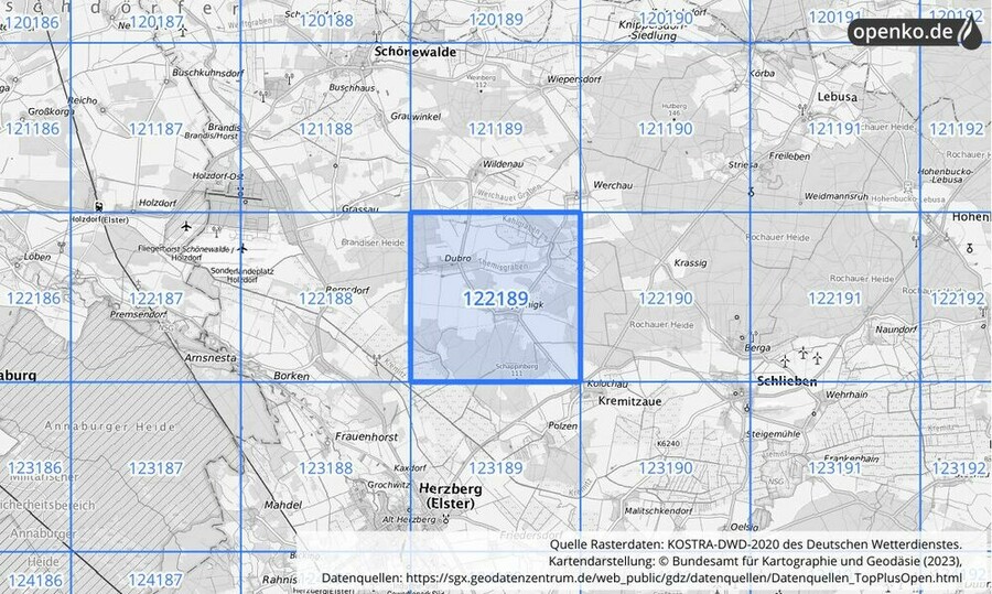 Übersichtskarte des KOSTRA-DWD-2020-Rasterfeldes Nr. 122189