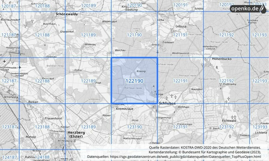 Übersichtskarte des KOSTRA-DWD-2020-Rasterfeldes Nr. 122190