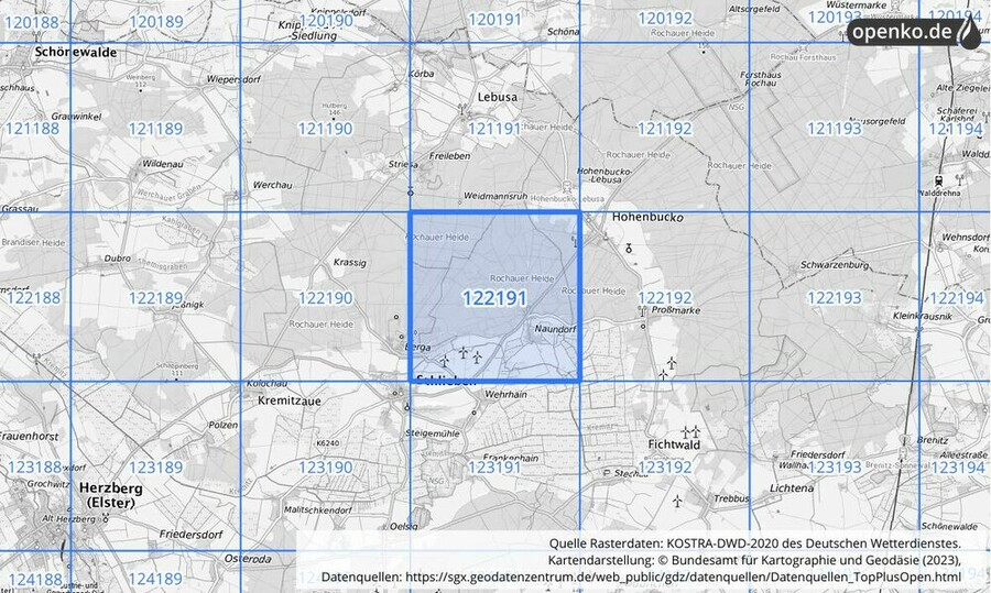 Übersichtskarte des KOSTRA-DWD-2020-Rasterfeldes Nr. 122191