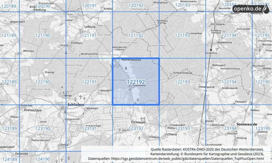 Übersichtskarte des KOSTRA-DWD-2020-Rasterfeldes Nr. 122192