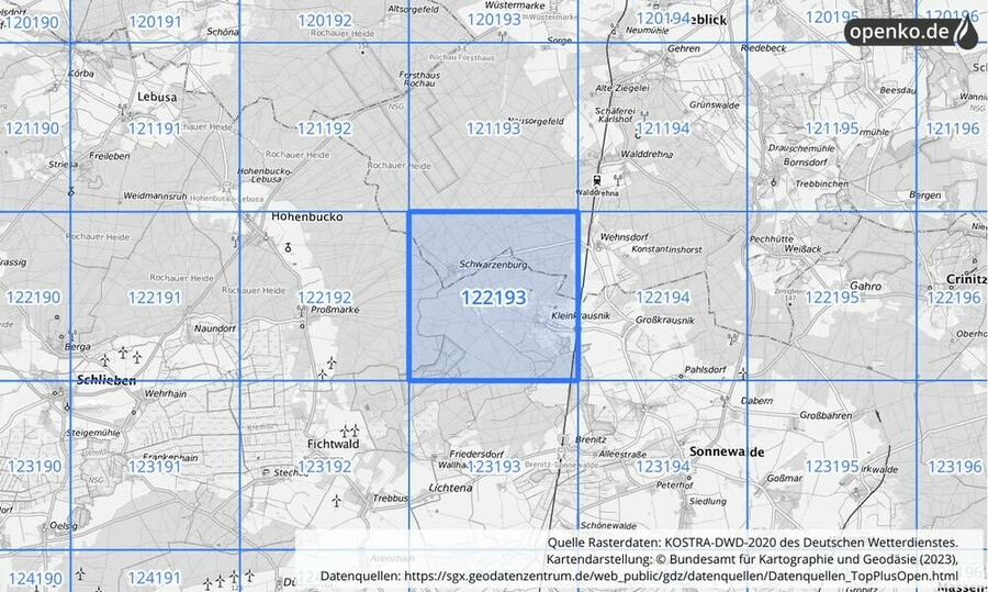 Übersichtskarte des KOSTRA-DWD-2020-Rasterfeldes Nr. 122193