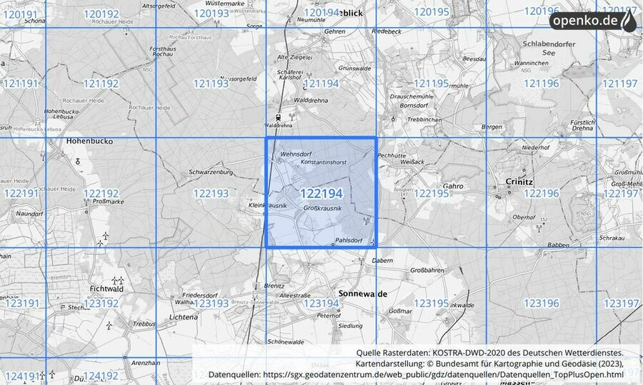 Übersichtskarte des KOSTRA-DWD-2020-Rasterfeldes Nr. 122194