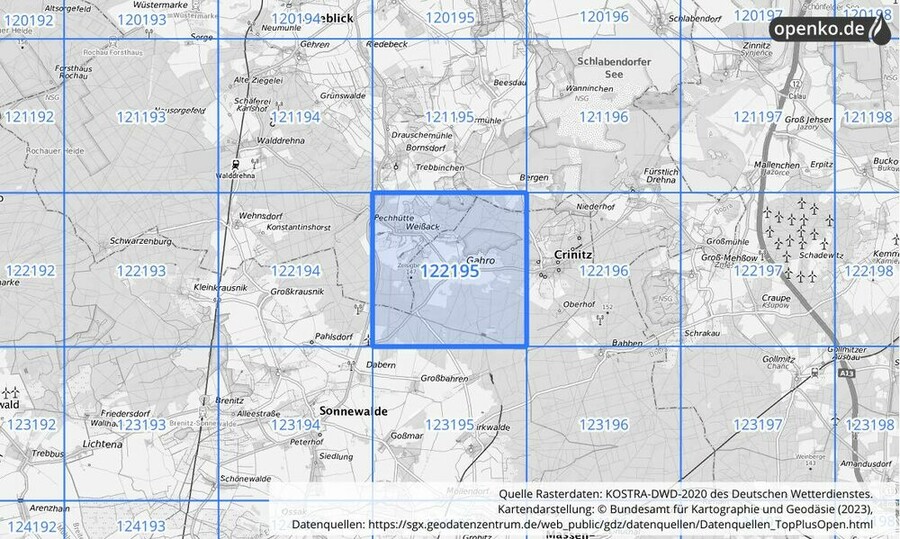 Übersichtskarte des KOSTRA-DWD-2020-Rasterfeldes Nr. 122195