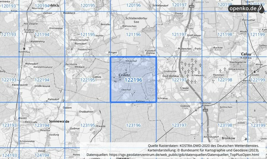 Übersichtskarte des KOSTRA-DWD-2020-Rasterfeldes Nr. 122196