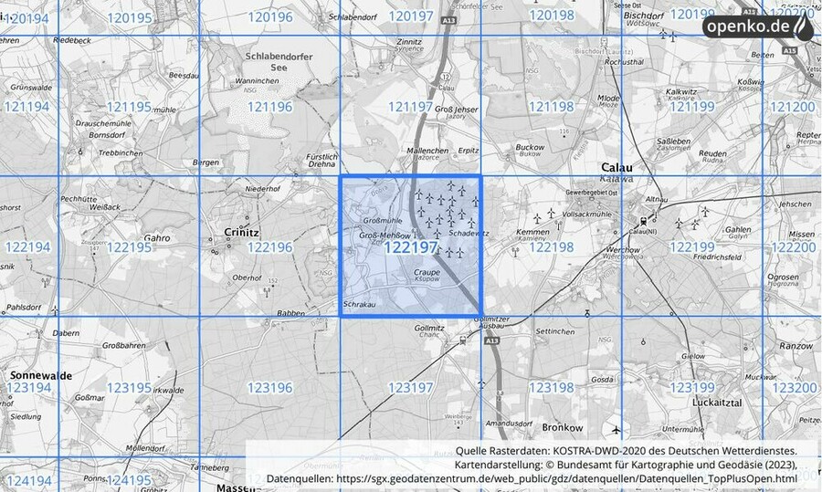 Übersichtskarte des KOSTRA-DWD-2020-Rasterfeldes Nr. 122197