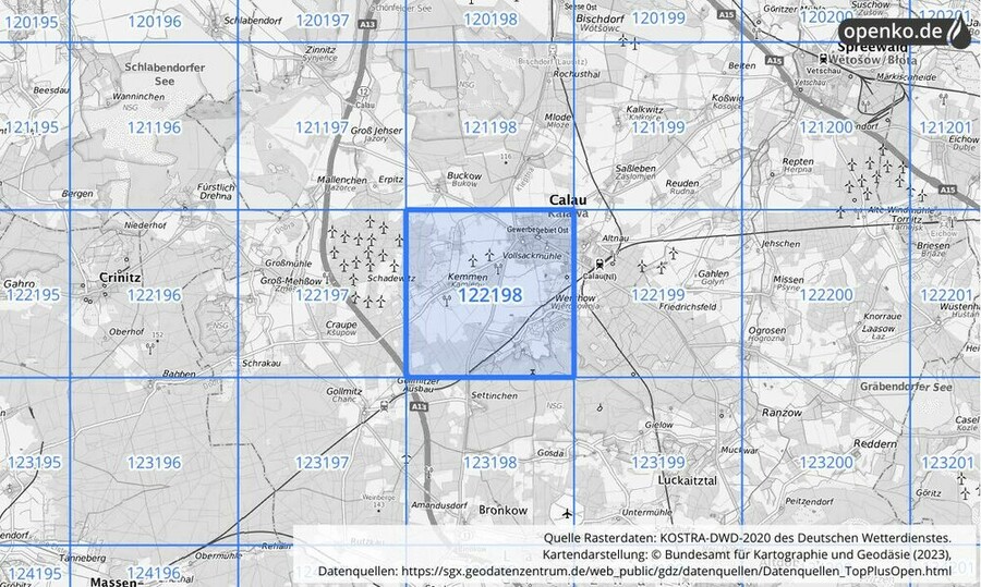 Übersichtskarte des KOSTRA-DWD-2020-Rasterfeldes Nr. 122198