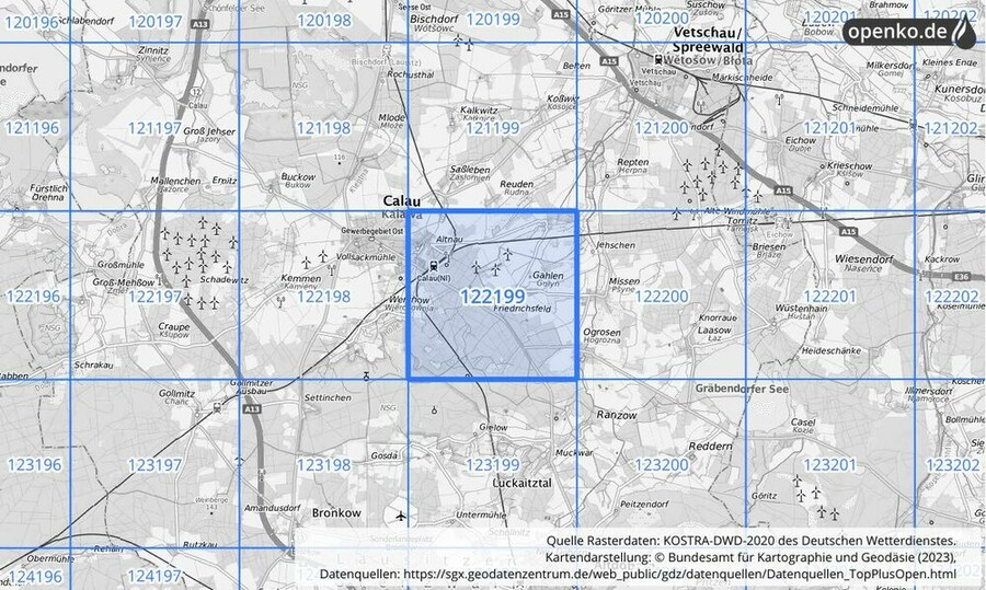 Übersichtskarte des KOSTRA-DWD-2020-Rasterfeldes Nr. 122199