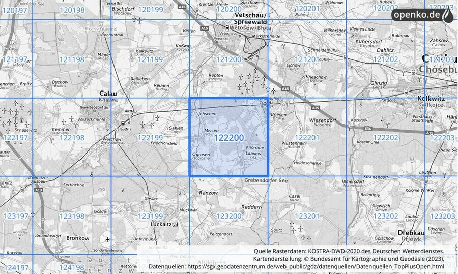 Übersichtskarte des KOSTRA-DWD-2020-Rasterfeldes Nr. 122200