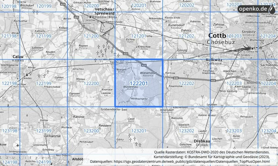 Übersichtskarte des KOSTRA-DWD-2020-Rasterfeldes Nr. 122201