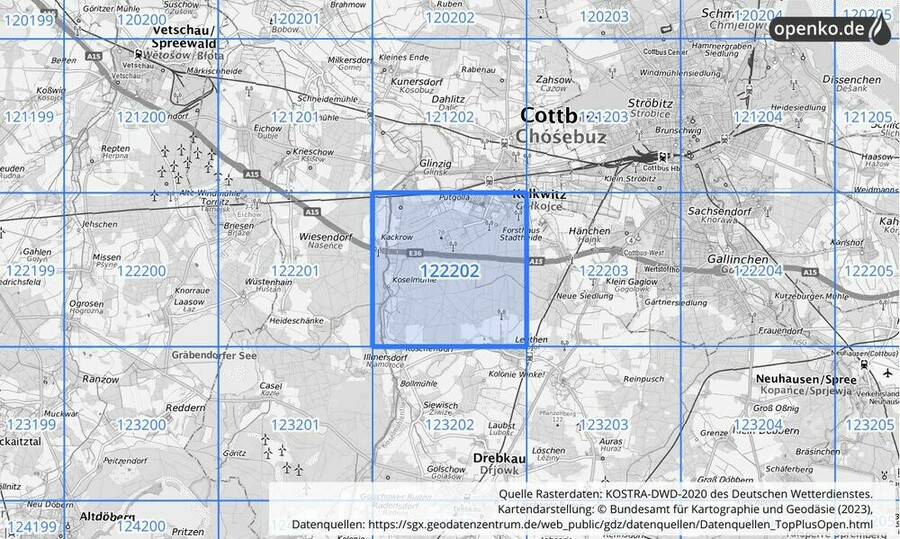 Übersichtskarte des KOSTRA-DWD-2020-Rasterfeldes Nr. 122202