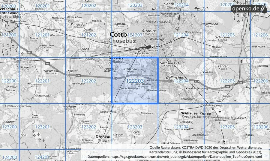 Übersichtskarte des KOSTRA-DWD-2020-Rasterfeldes Nr. 122203