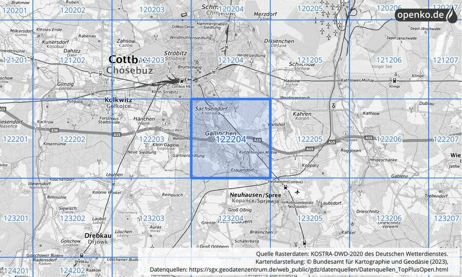 Übersichtskarte des KOSTRA-DWD-2020-Rasterfeldes Nr. 122204