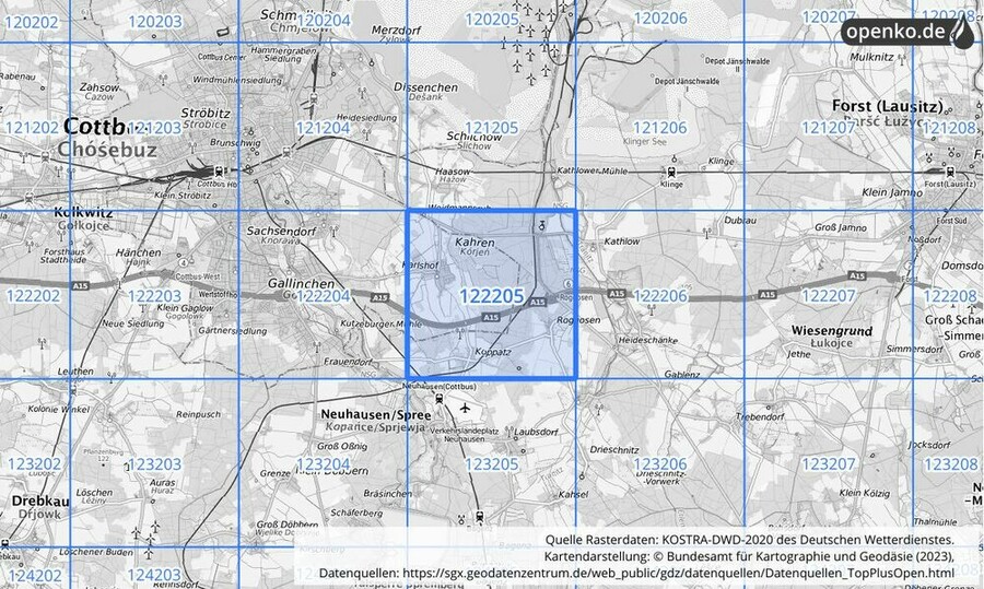 Übersichtskarte des KOSTRA-DWD-2020-Rasterfeldes Nr. 122205