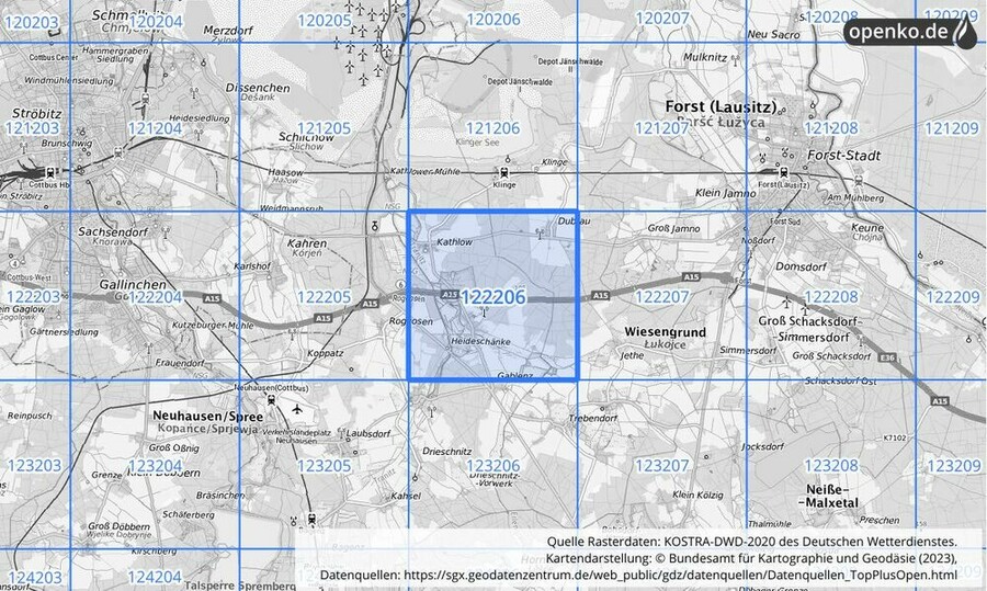 Übersichtskarte des KOSTRA-DWD-2020-Rasterfeldes Nr. 122206