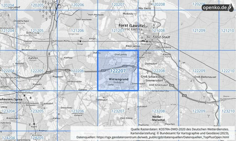 Übersichtskarte des KOSTRA-DWD-2020-Rasterfeldes Nr. 122207