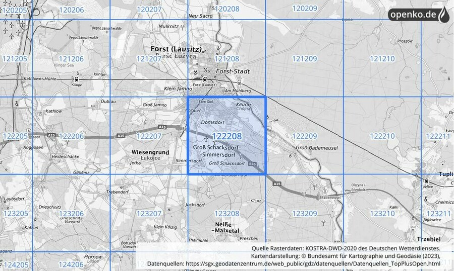 Übersichtskarte des KOSTRA-DWD-2020-Rasterfeldes Nr. 122208