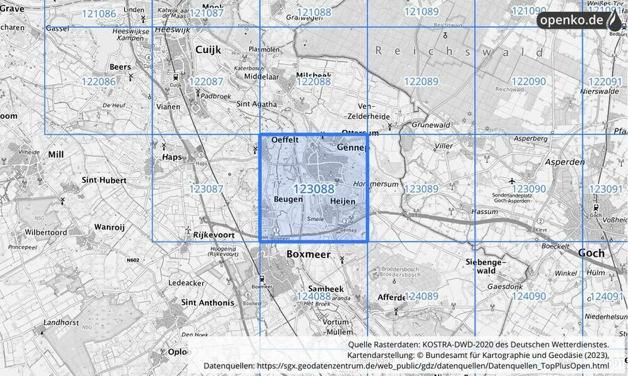 Übersichtskarte des KOSTRA-DWD-2020-Rasterfeldes Nr. 123088