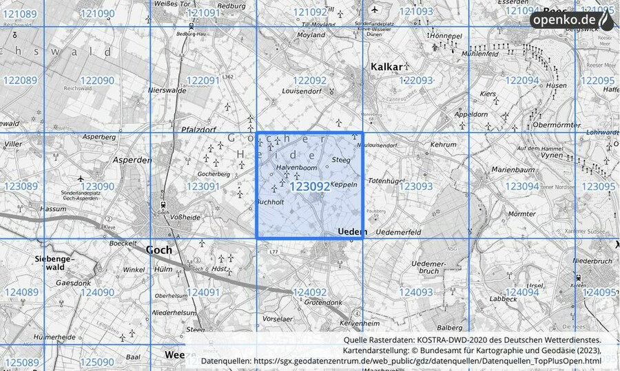 Übersichtskarte des KOSTRA-DWD-2020-Rasterfeldes Nr. 123092