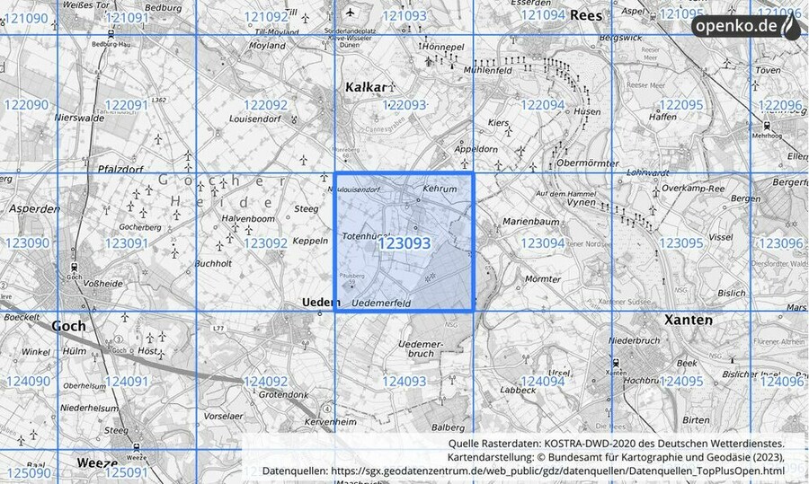 Übersichtskarte des KOSTRA-DWD-2020-Rasterfeldes Nr. 123093