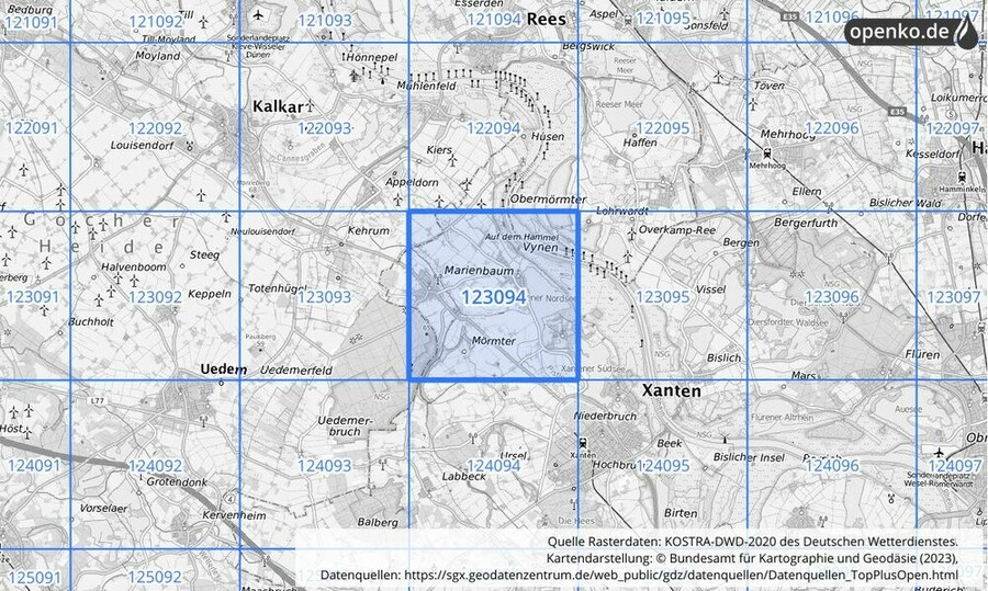 Übersichtskarte des KOSTRA-DWD-2020-Rasterfeldes Nr. 123094