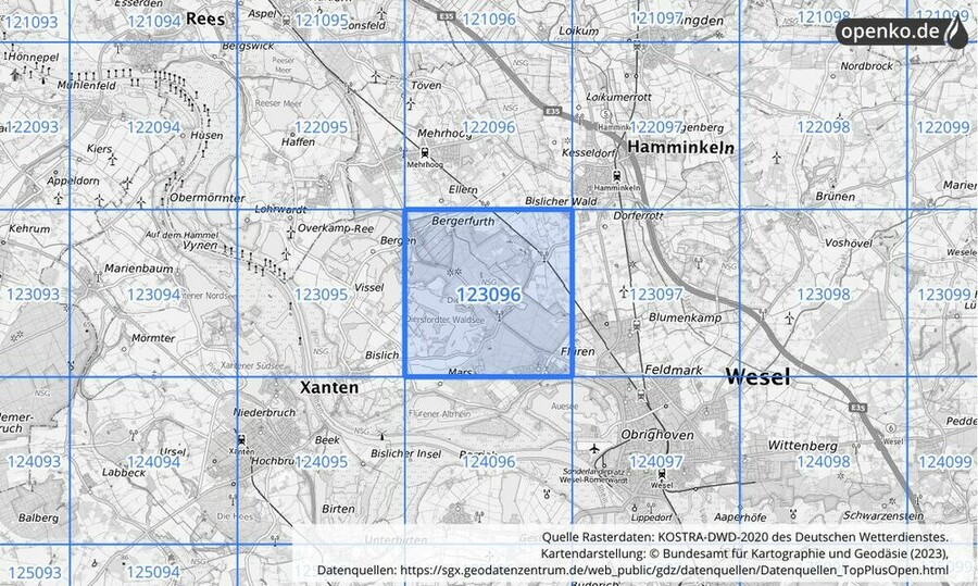 Übersichtskarte des KOSTRA-DWD-2020-Rasterfeldes Nr. 123096